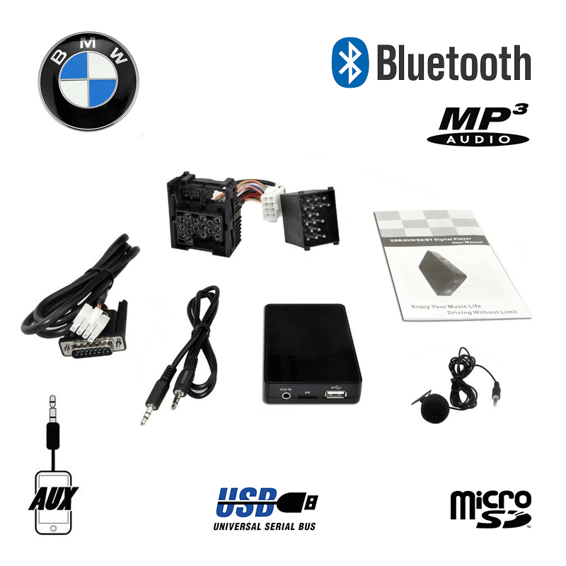 Bluetooth interface / adapter met MP3 USB + AUX ingang voor 17-pin BMW autoradio's Bluetooth interface / adapter met MP3 USB + AUX ingang voor 17-pin BMW autoradio's