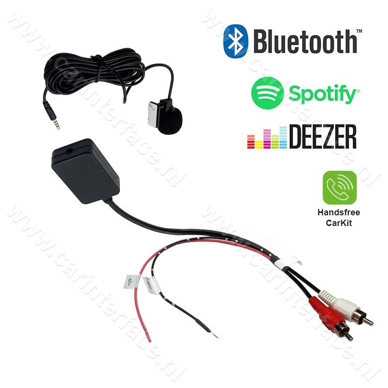 Bluetooth streaming / handsfree carkit adapter, via 2x male RCA AUX-ingang van een autoradio Bluetooth streaming / handsfree carkit adapter, via 2x male RCA AUX-ingang van een autoradio