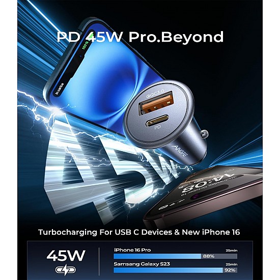 Cargador de coche para encendedor de cigarrillos AINOPE USB-C + USB-A, 12V, QC3.0 & PD3.0, 67,5W, negro