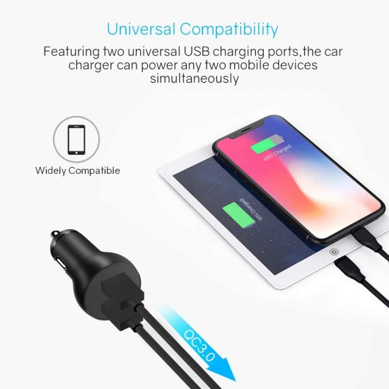 Dual USB autolader met 3.0 QC (quick charge van Qualcomm), 5.4A, 30W, zwart Dual USB autolader met 3.0 QC (quick charge van Qualcomm), 5.4A, 30W, zwart