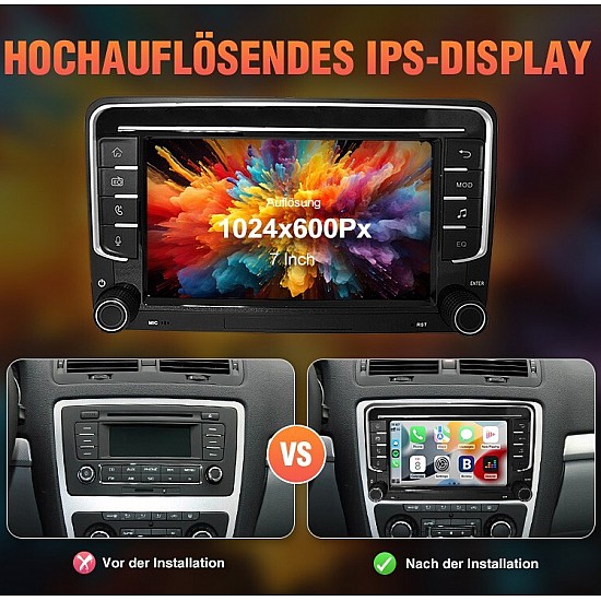 Autorradio inalámbrico Carplay / Android Auto, HD de 7", 2 DIN para Volkswagen Polo, Golf, Passat, Seat, Skoda con DAB+