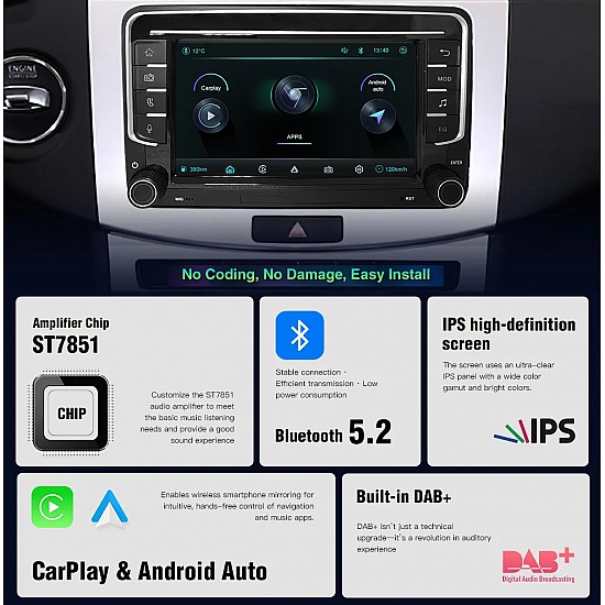 Autorradio inalámbrico Carplay / Android Auto, HD de 7", 2 DIN para Volkswagen Polo, Golf, Passat, Seat, Skoda con DAB+