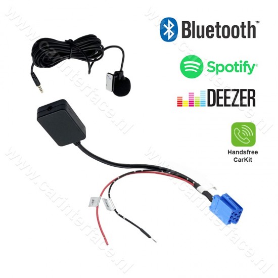 Bluetooth streamen + handsfree carkit voor 8-pin AUX ingang van o.a. Audi, Skoda, Seat, Volkswagen, Becker, Philips en Blaupunkt