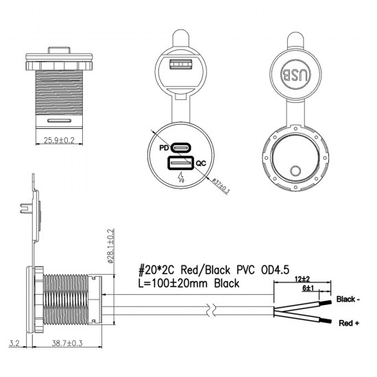 USB-A and USB-C built-in charger, power strip, Quick Charge 3.0 60W