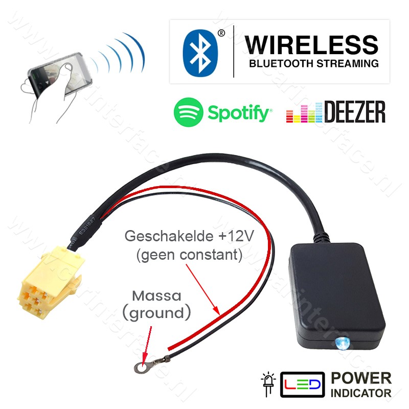 Bluetooth streaming adapter voor Romeo, Fiat en autoradio's met een 6-pin AUX-aansluiting