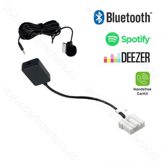 Bluetooth streaming + hands-free car kit adapter for Mazda car radios with a 16-pin AUX connection