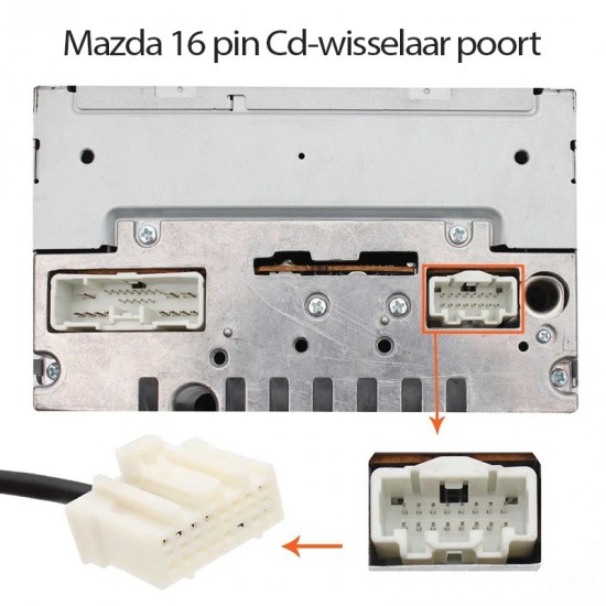 Bluetooth streaming + hands-free car kit adapter for Mazda car radios with a 16-pin AUX connection