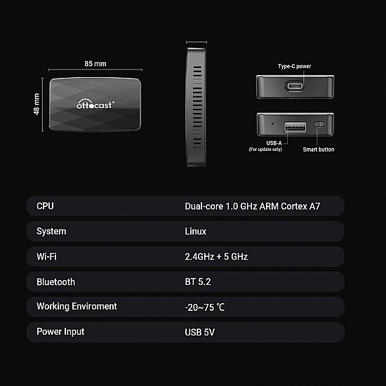 Ottocast Ottoadapter MX draadloze Apple CarPlay / Android Auto / Mirroring adapter 3 in 1