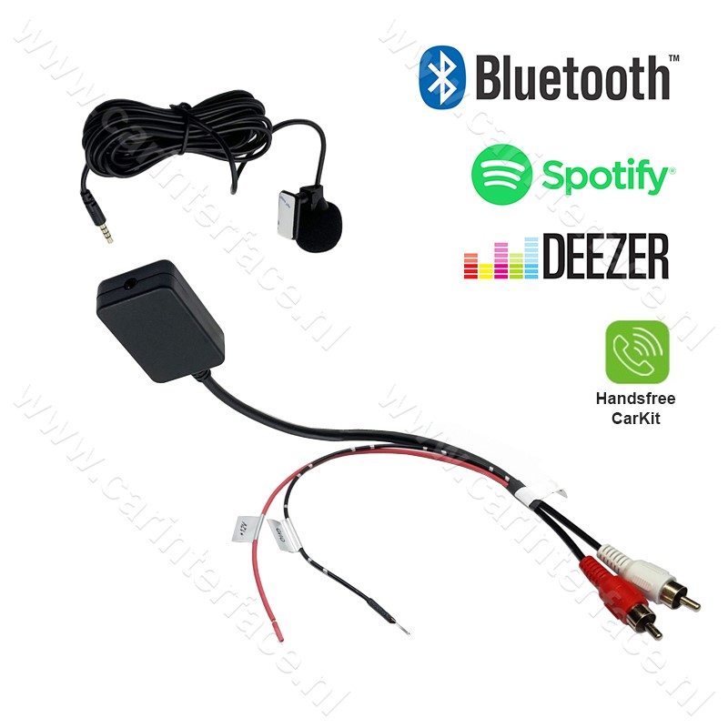 Bluetooth streaming / handsfree adapter, 2x male RCA AUX-ingang van een autoradio