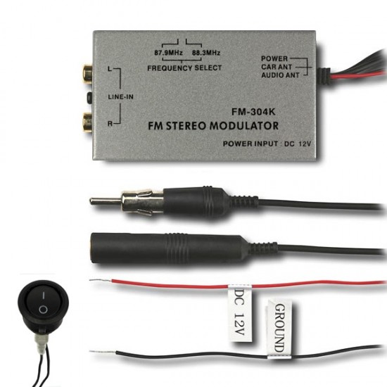 AUX IN via the universal wired FM modulator / transmitter over the antenna cable for various car radios