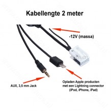 12-pin AUX adapter met Lightning oplaadsnoer, voor o.a. MFD3, RCD 210, RCD 310, RCD 510, RNS 310, RNS 510 en RNS-E