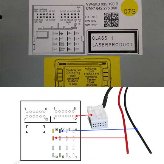 12-pin Bluetooth adapter for MFD3, RCD 210, RCD 310, RCD 510, RNS 310, RNS 510, RNS-E and SE250