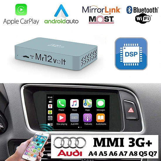 Audi CarPlay / Android Auto / Mirrorlink DSP Interface for Audi A4 A5 A6 A7 A8 Q5 Q7 with MMI 3G and 3G+ (MOST) Audi CarPlay / Android Auto / Mirrorlink DSP Interface for Audi A4 A5 A6 A7 A8 Q5 Q7 with MMI 3G and 3G+ (MOST)