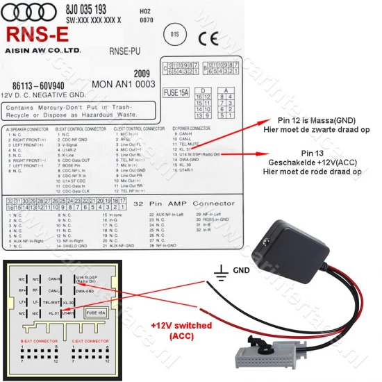 Bluetooth to AUX streaming adapter for Audi RNS-E Navigation Plus, 32-pin Bluetooth to AUX streaming adapter for Audi RNS-E Navigation Plus, 32-pin