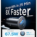 AINOPE USB-C + USB-A car charger, 12V, QC3.0 & PD3.0, 67.5W, Qualcomm, black
