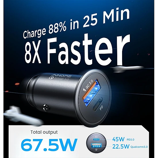 AINOPE USB-C + USB-A car charger, 12V, QC3.0 & PD3.0, 67.5W, Qualcomm, black