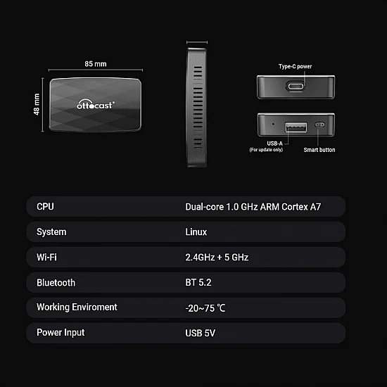 Ottocast Ottoadapter MX draadloze Apple CarPlay / Android Auto / Mirroring adapter 3 in 1 Ottocast Ottoadapter MX draadloze Apple CarPlay / Android Auto / Mirroring adapter 3 in 1